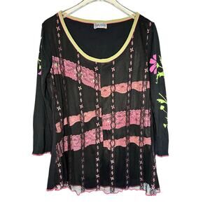Gypsy Daisy Black & Pink Floral Lace Mesh Y2K Top Sz Large